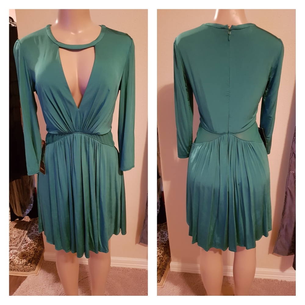Bebe Long Sleeve Green Inset Waist Dress